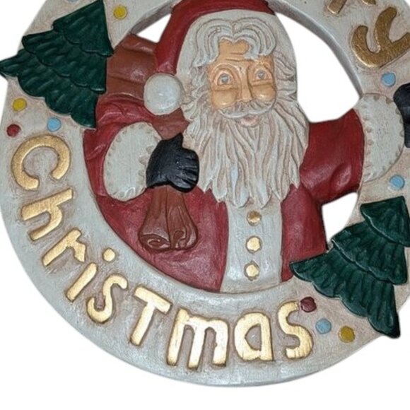 Vintage 1980s 1990s Wooden Hand Carved Merry Christmas Santa Claus Wall Plaque - Picture 3 of 4